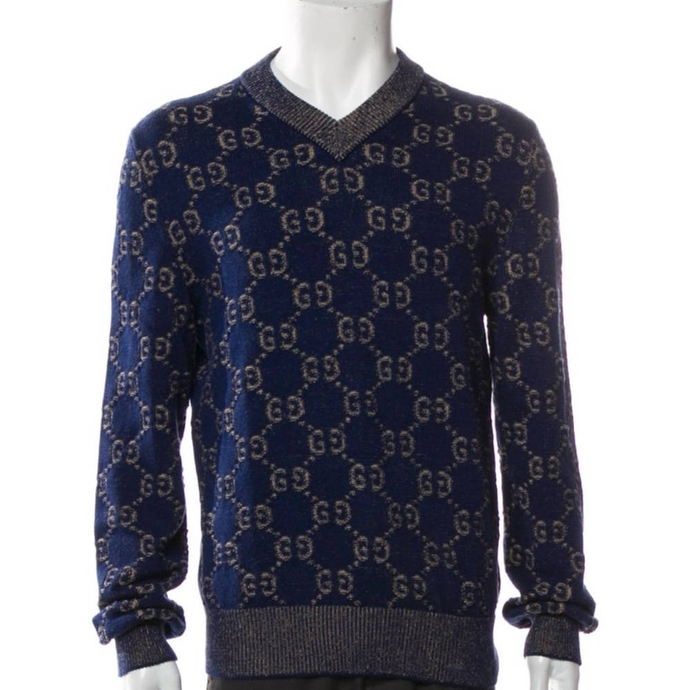 Gucci Navy Blue Patterned Men's Sweater